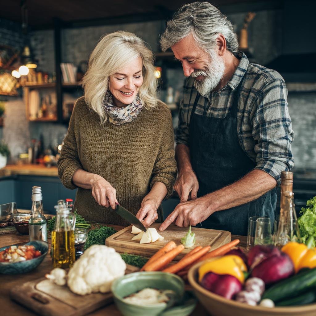 Mature couple cooking together healthy meal in modern kitchen