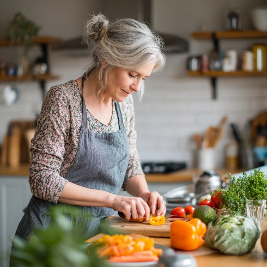 Middle-aged woman preparing healthy vegetables and fruits in bright kitchen