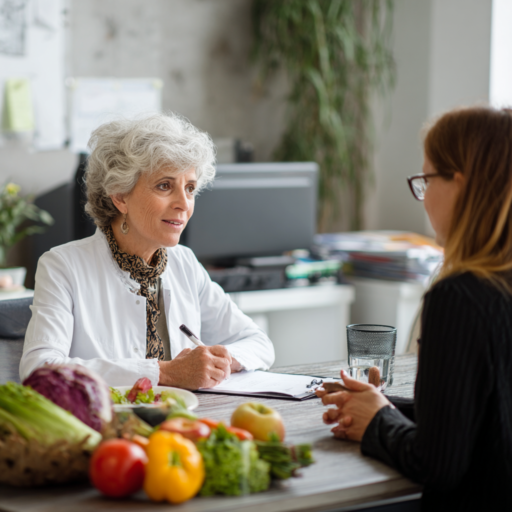 Senior nutritionist consulting with middle-aged client in bright office